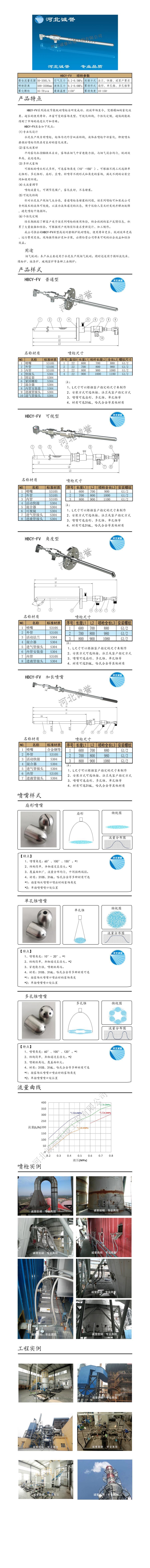FV脫硝噴槍保護套、噴槍參數(shù)、材質尺寸、流量分布圖、扇形空心錐俯視圖介紹，以及噴槍霧化視頻展示和工程案例介紹