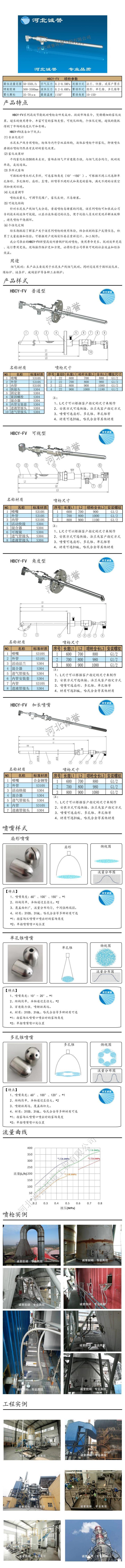 脫硝噴槍保護套、噴槍參數(shù)、材質(zhì)尺寸、流量分布圖、扇形空心錐俯視圖介紹，以及噴槍霧化視頻展示和工程案例介紹